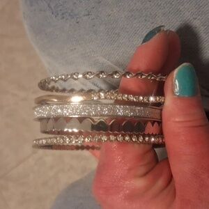 Set of Silver Toned Rhinestone Bangle Bracelets